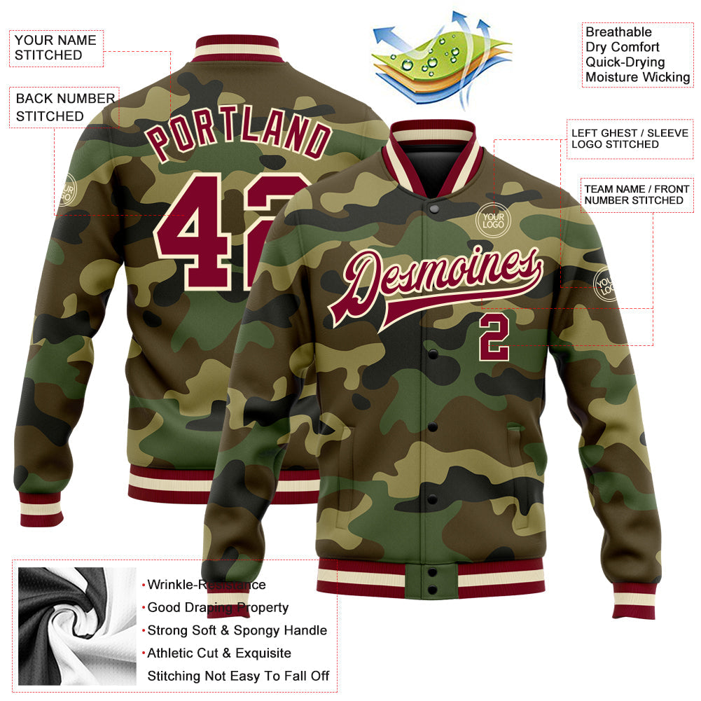 Custom Camo Maroon-Cream Bomber Full-Snap Varsity Letterman Salute To Service Jacket view 5
