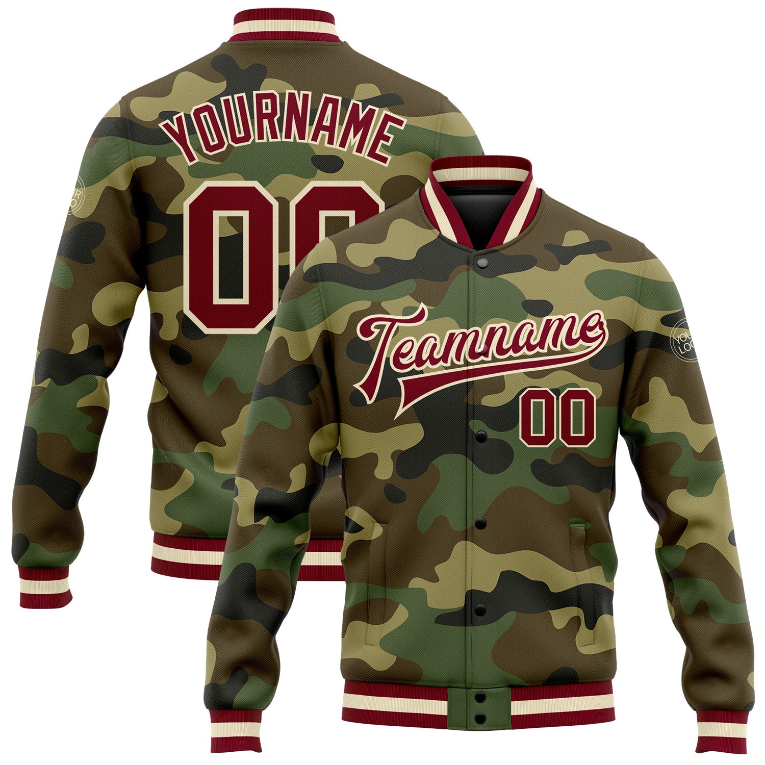 Custom Camo Maroon-Cream Bomber Full-Snap Varsity Letterman Salute To Service Jacket - Main View