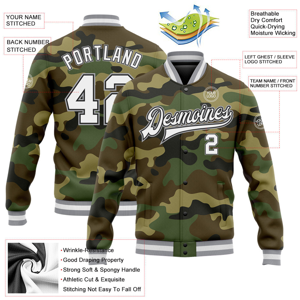 Custom Camo White Black-Gray Bomber Full-Snap Varsity Letterman Salute To Service Jacket view 5