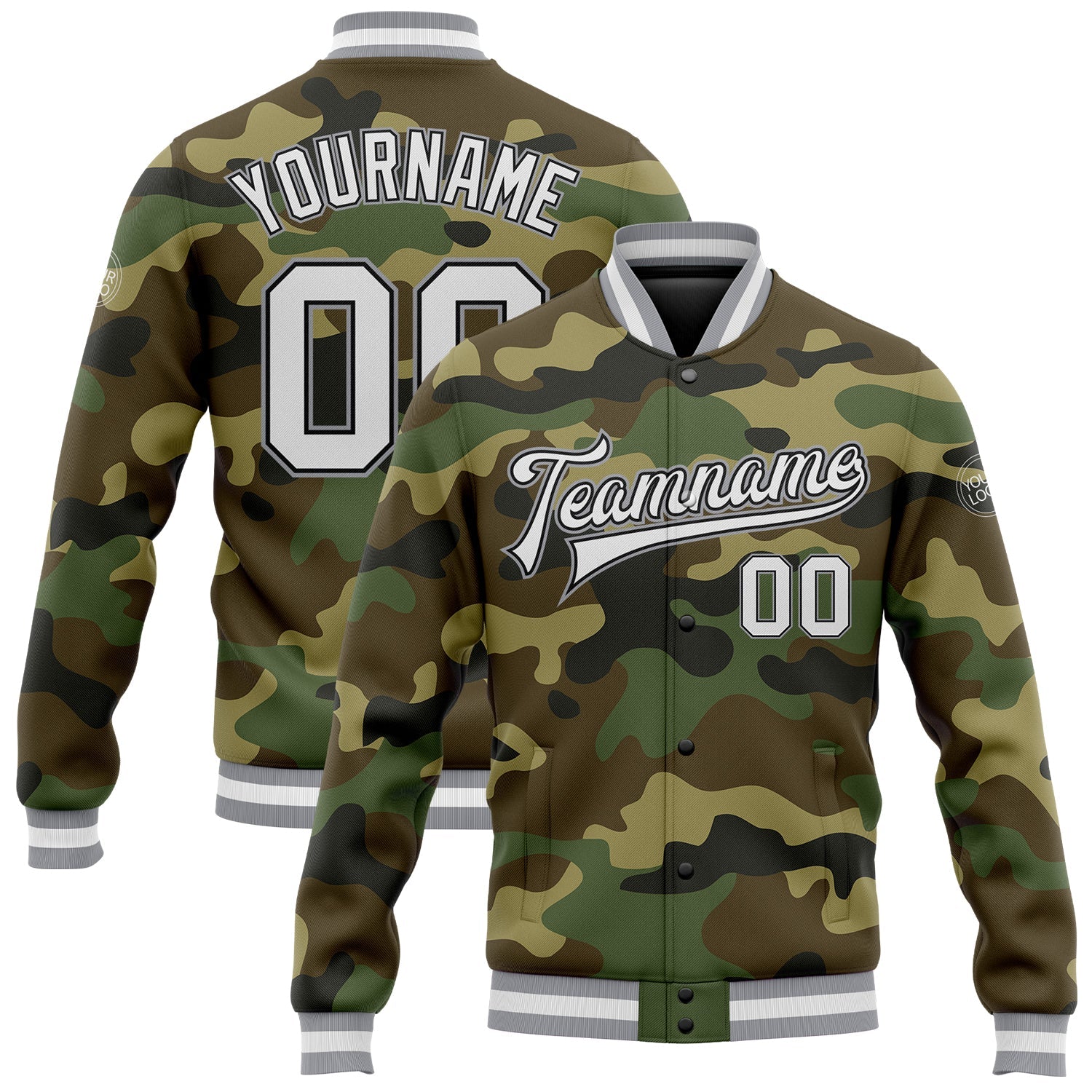 Custom Camo White Black-Gray Bomber Full-Snap Varsity Letterman Salute To Service Jacket - Main View