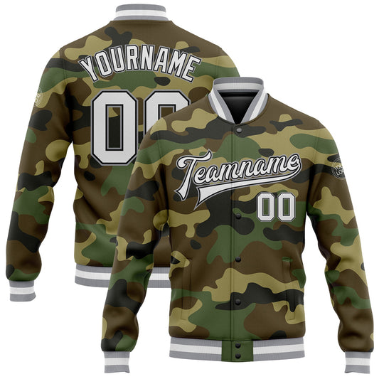 Custom Camo White Black-Gray Bomber Full-Snap Varsity Letterman Salute To Service Jacket - Main View