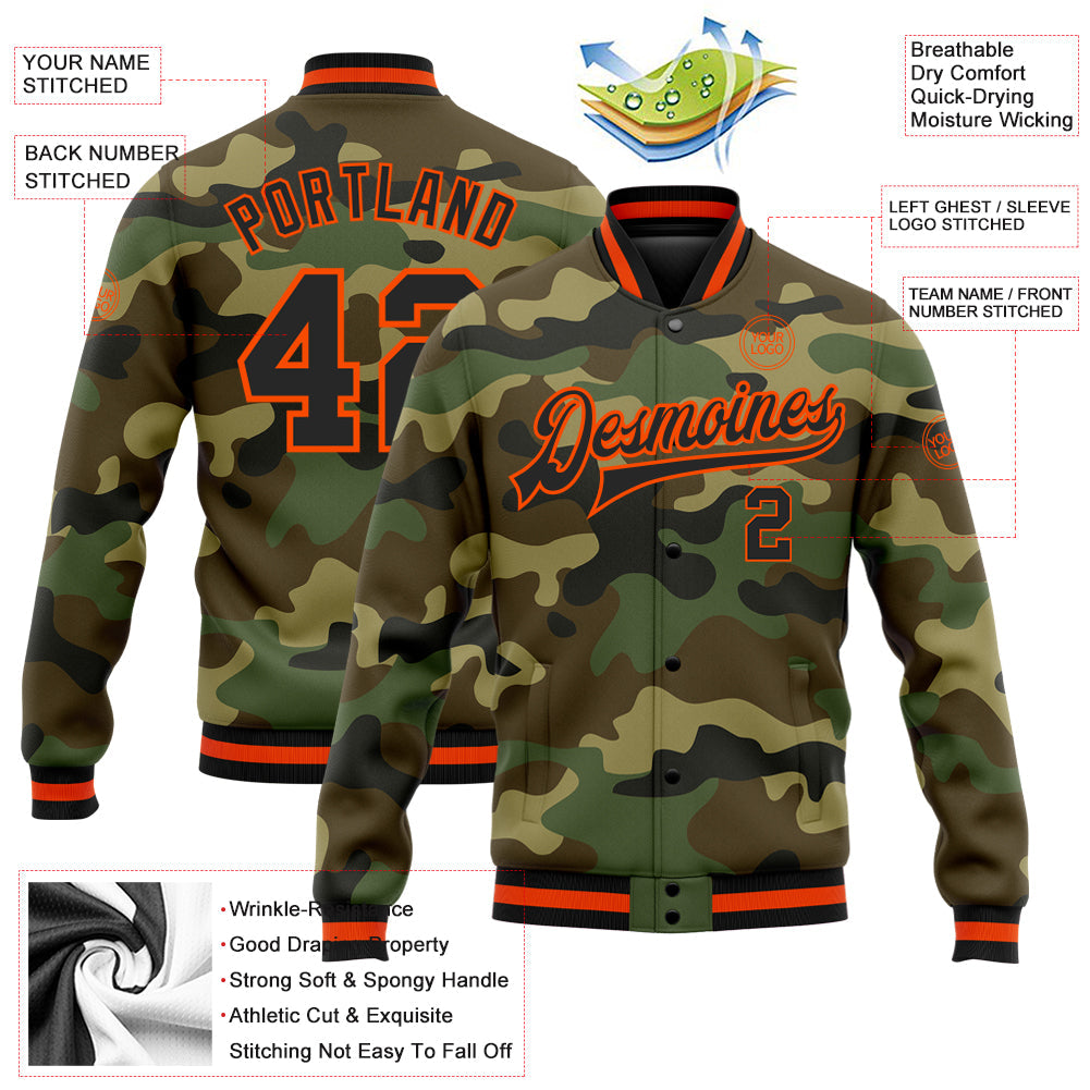 Custom Camo Black-Orange Bomber Full-Snap Varsity Letterman Salute To Service Jacket view 5