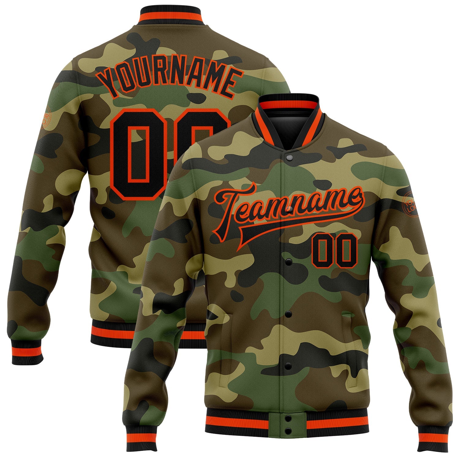 Custom Camo Black-Orange Bomber Full-Snap Varsity Letterman Salute To Service Jacket - Main View