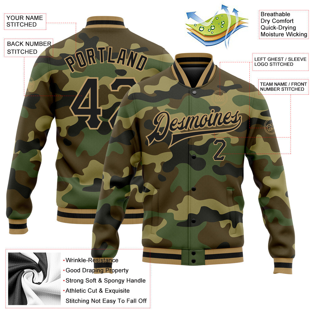 Custom Camo Black-Old Gold Bomber Full-Snap Varsity Letterman Salute To Service Jacket view 5