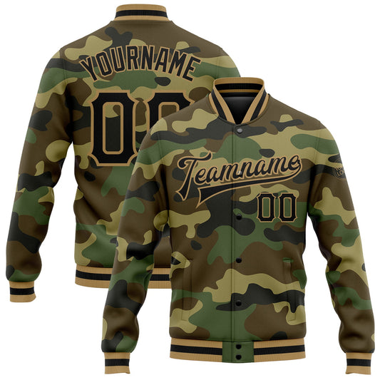 Custom Camo Black-Old Gold Bomber Full-Snap Varsity Letterman Salute To Service Jacket - Main View
