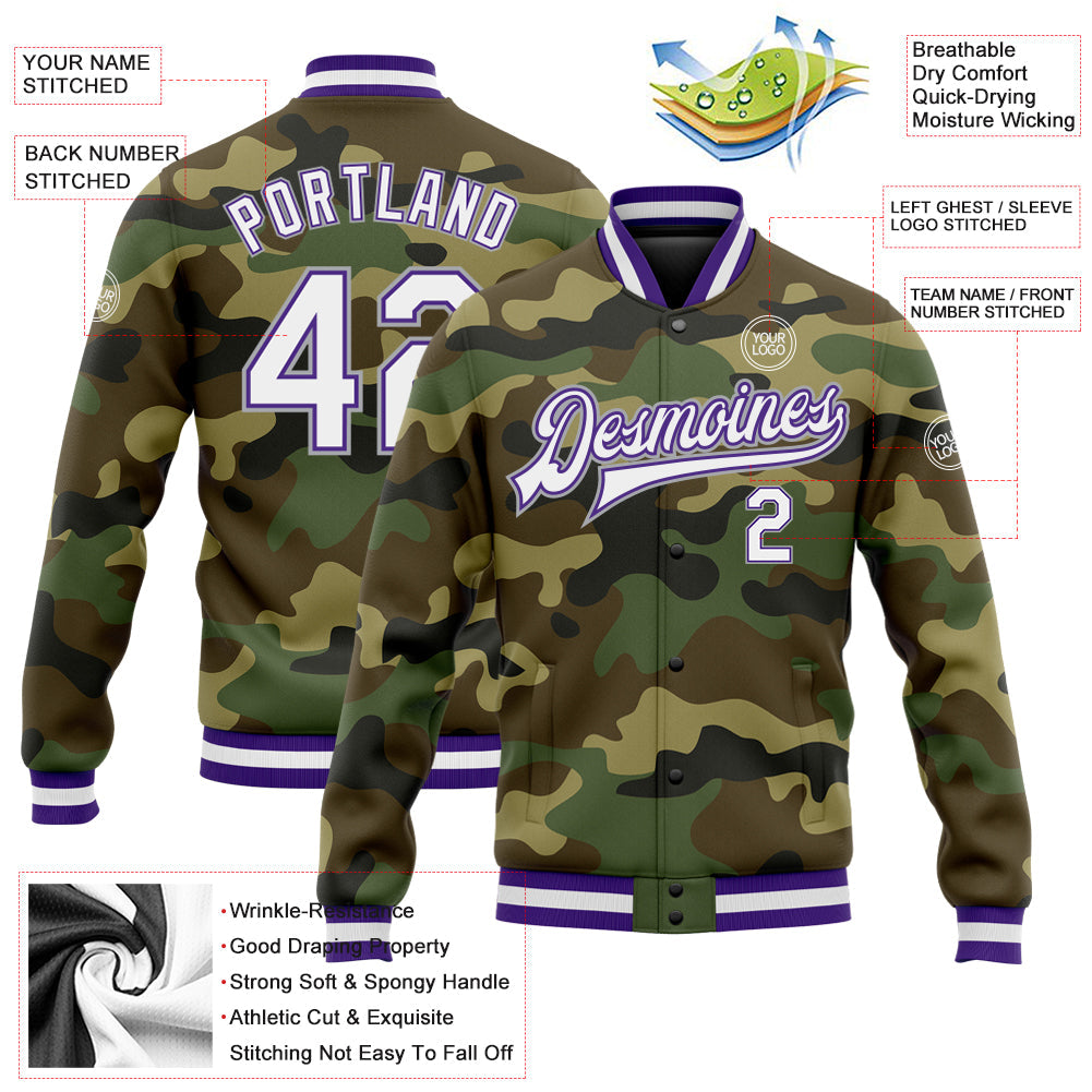 Custom Camo White Purple-Gray Bomber Full-Snap Varsity Letterman Salute To Service Jacket view 5