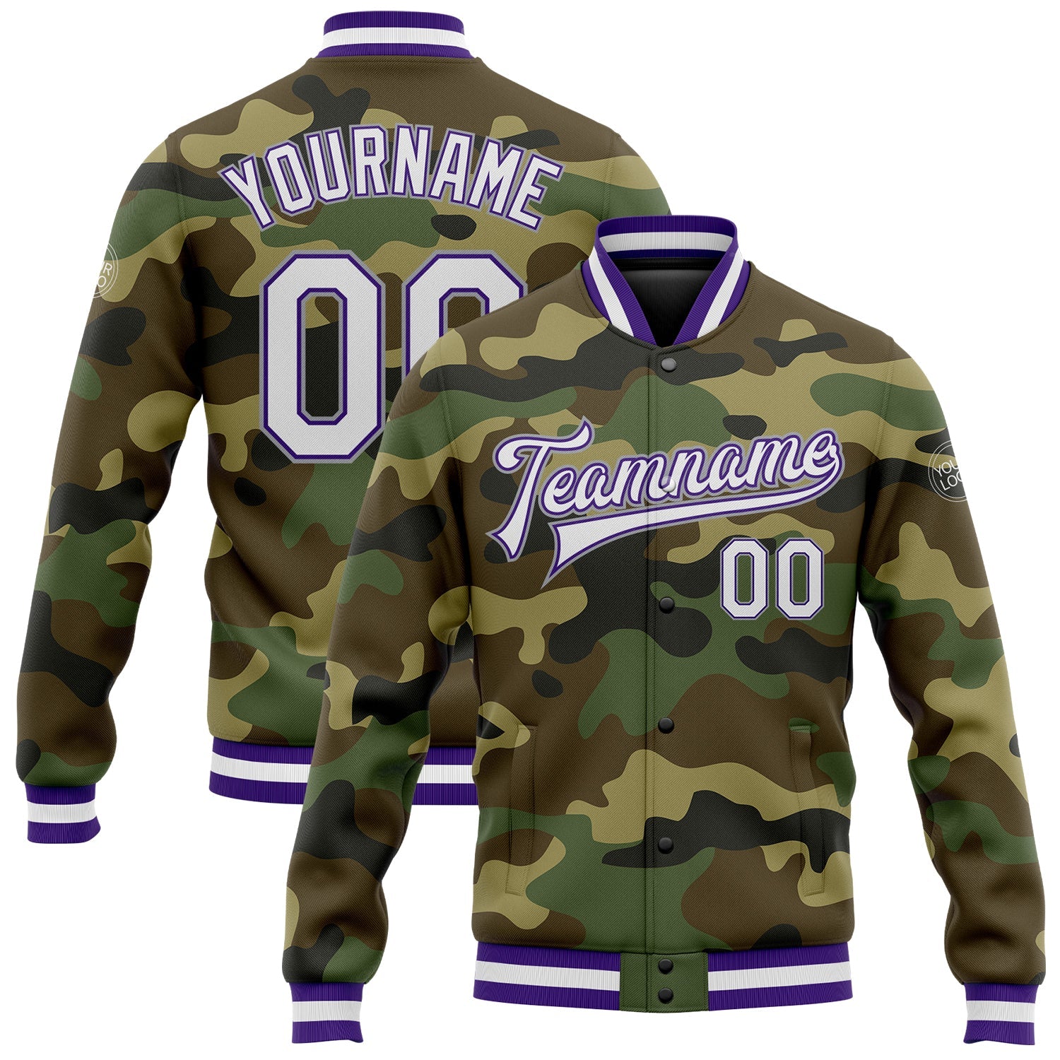 Custom Camo White Purple-Gray Bomber Full-Snap Varsity Letterman Salute To Service Jacket - Main View
