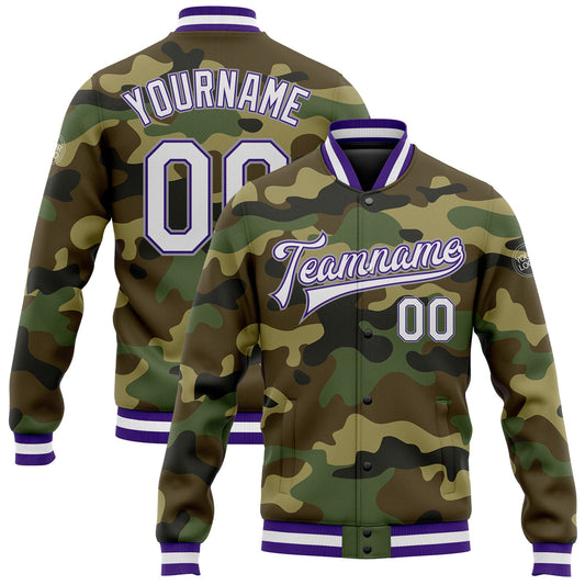 Custom Camo White Purple-Gray Bomber Full-Snap Varsity Letterman Salute To Service Jacket - Main View