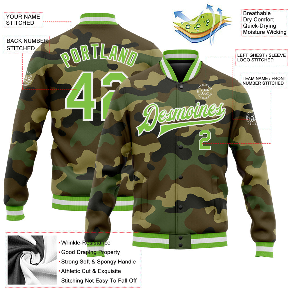 Custom Camo Neon Green-White Bomber Full-Snap Varsity Letterman Salute To Service Jacket view 5