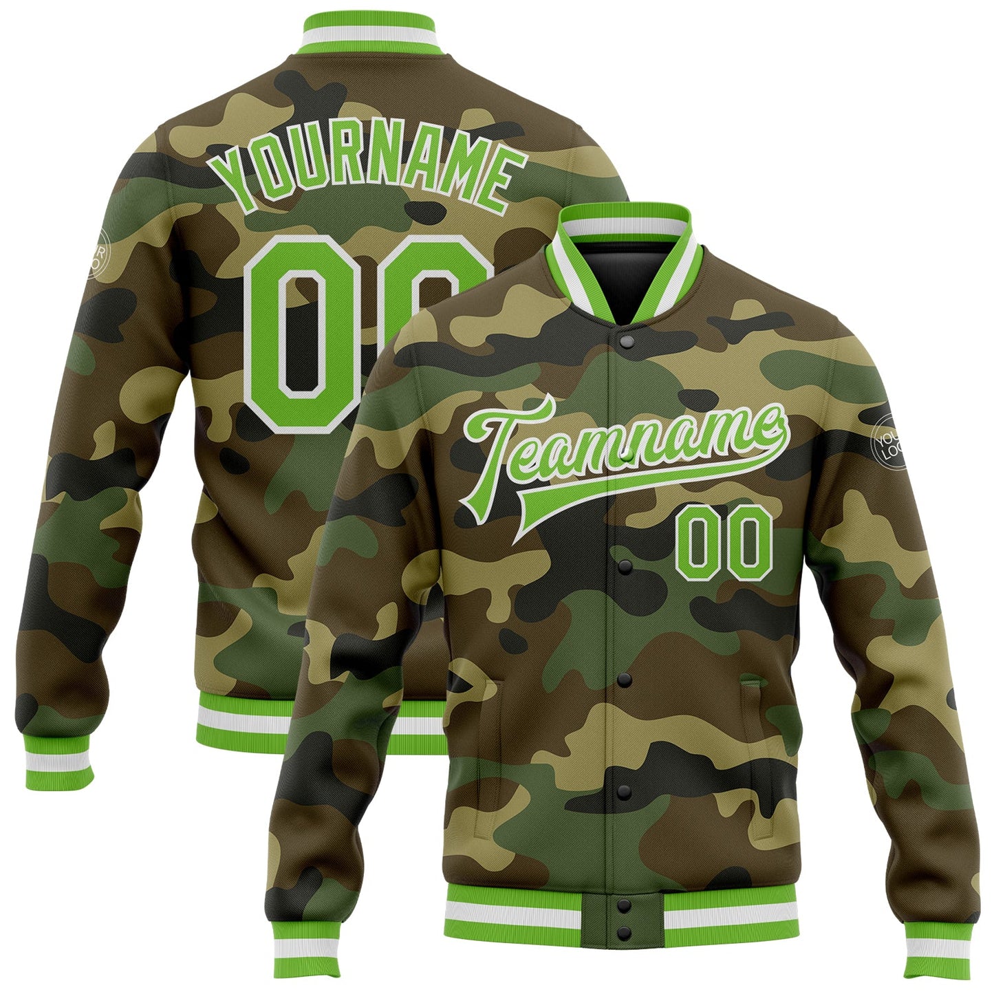 Custom Camo Neon Green-White Bomber Full-Snap Varsity Letterman Salute To Service Jacket - Main View