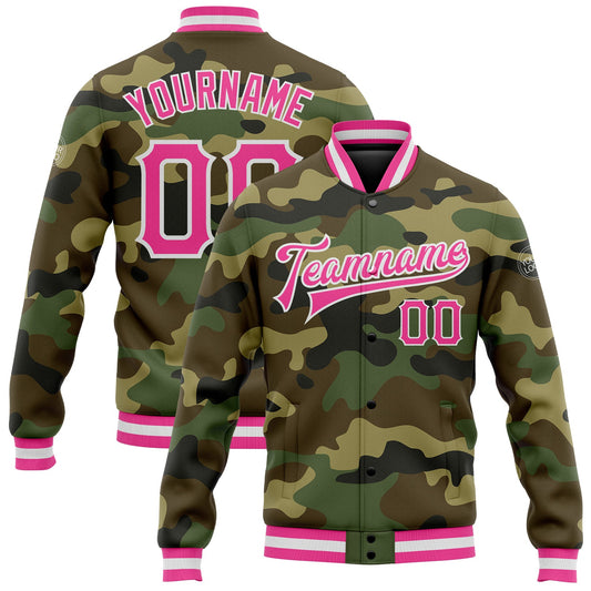 Custom Camo Pink-White Bomber Full-Snap Varsity Letterman Salute To Service Jacket - Main View