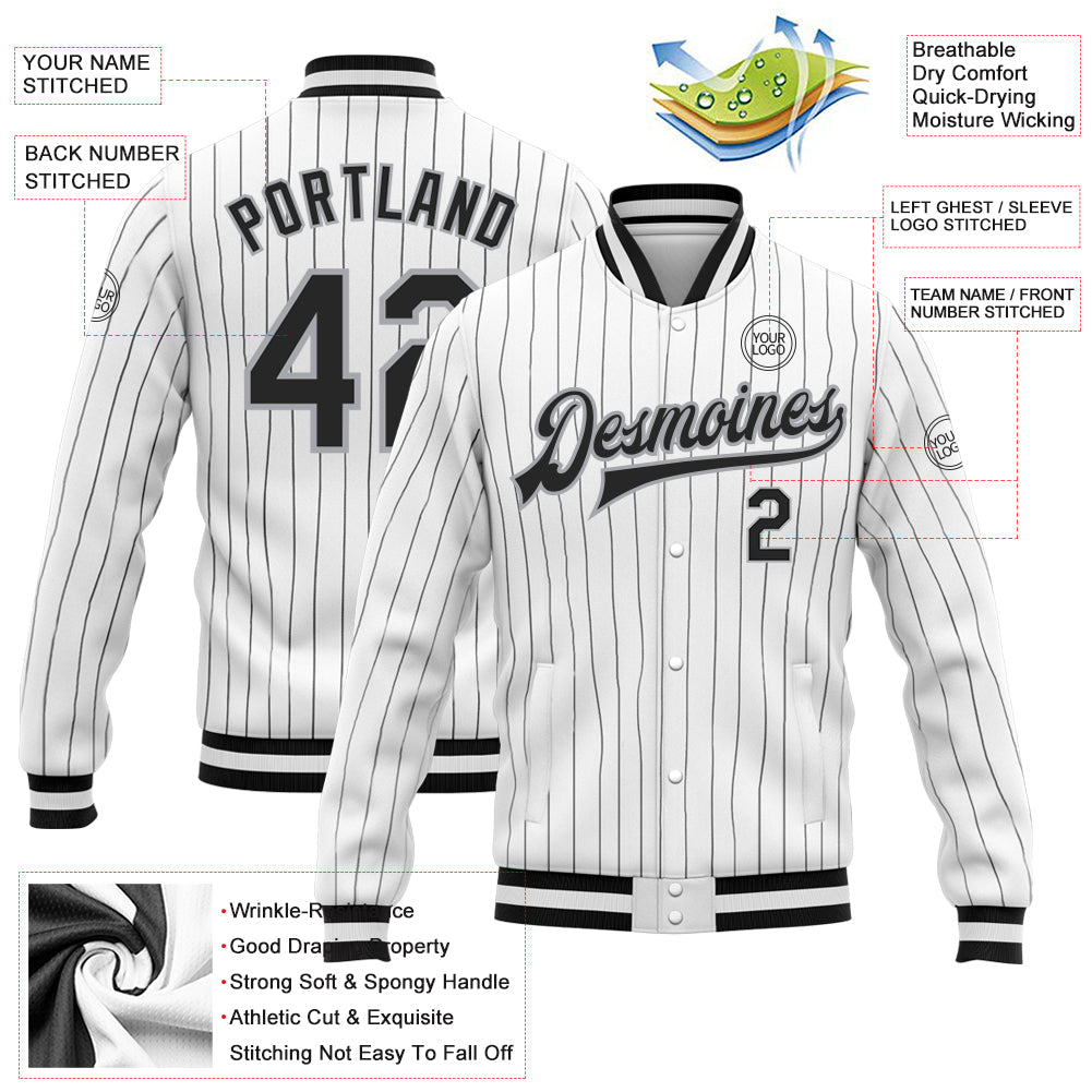 Custom White Black Pinstripe Black-Gray Bomber Full-Snap Varsity Letterman Jacket view 5