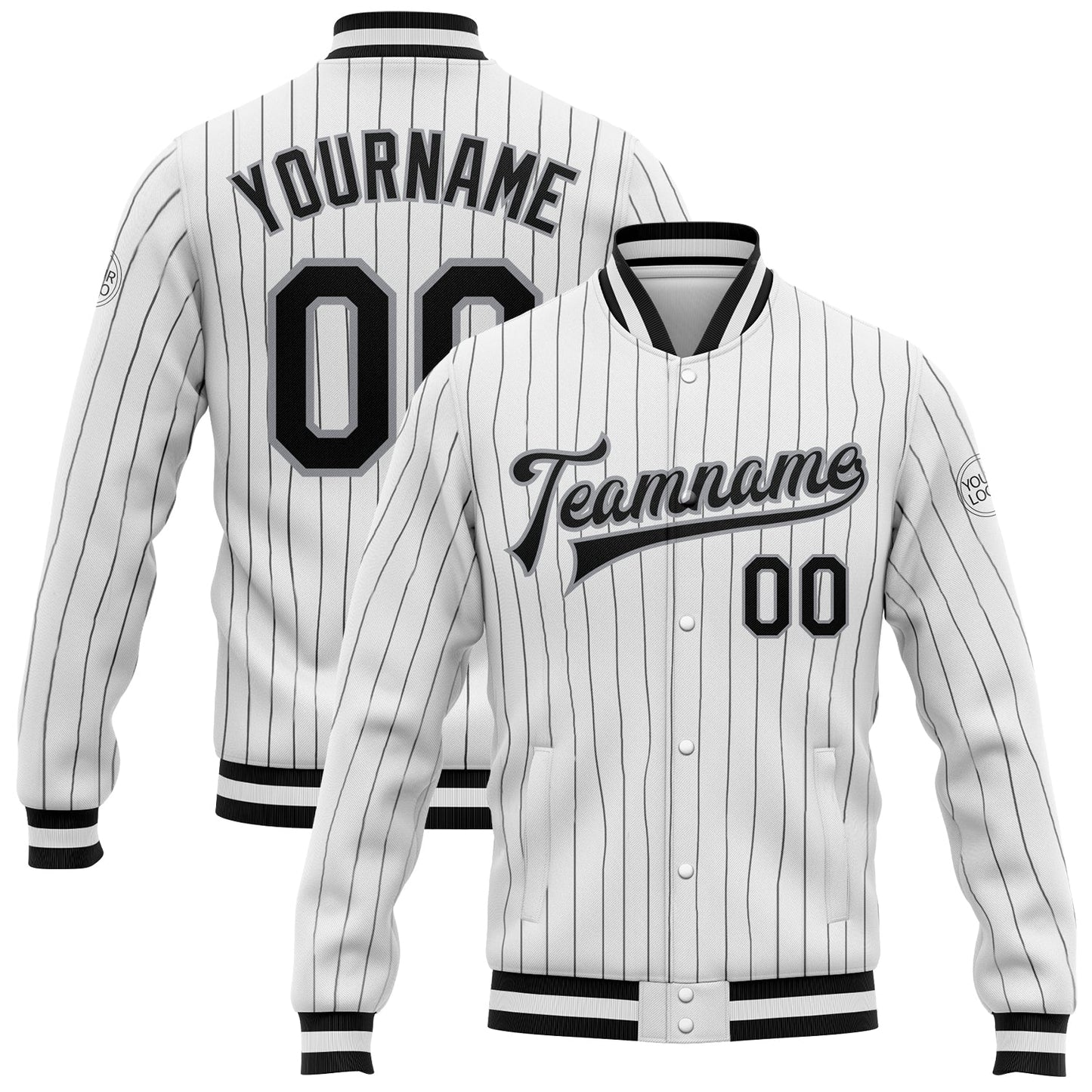 Custom White Black Pinstripe Black-Gray Bomber Full-Snap Varsity Letterman Jacket - Main View