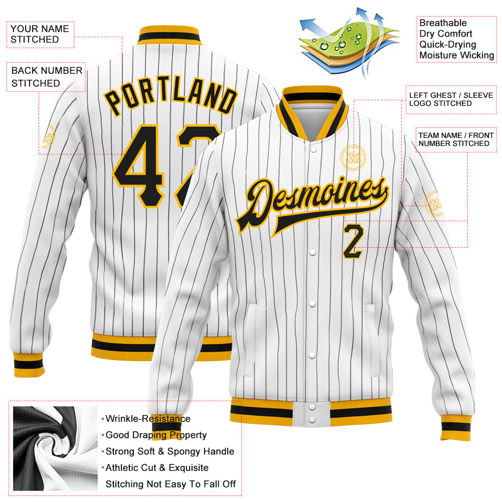 Custom White Black Pinstripe Black-Gold Bomber Full-Snap Varsity Letterman Jacket view 5
