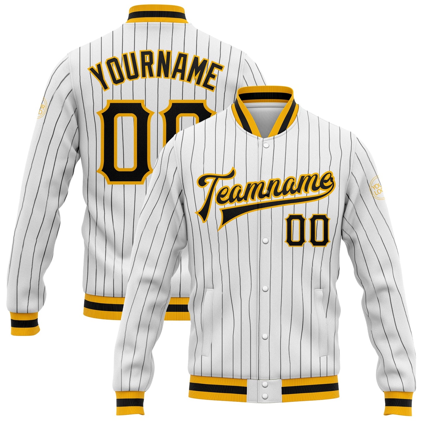 Custom White Black Pinstripe Black-Gold Bomber Full-Snap Varsity Letterman Jacket - Main View