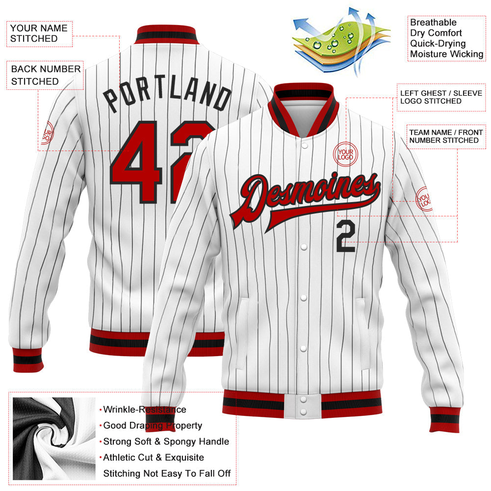 Custom White Black Pinstripe Red-Black Bomber Full-Snap Varsity Letterman Jacket view 5
