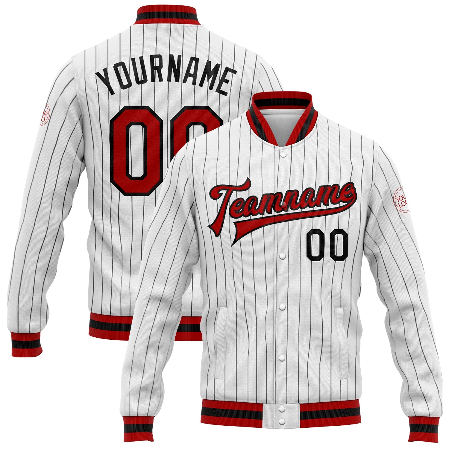 Custom White Black Pinstripe Red-Black Bomber Full-Snap Varsity Letterman Jacket - Main View