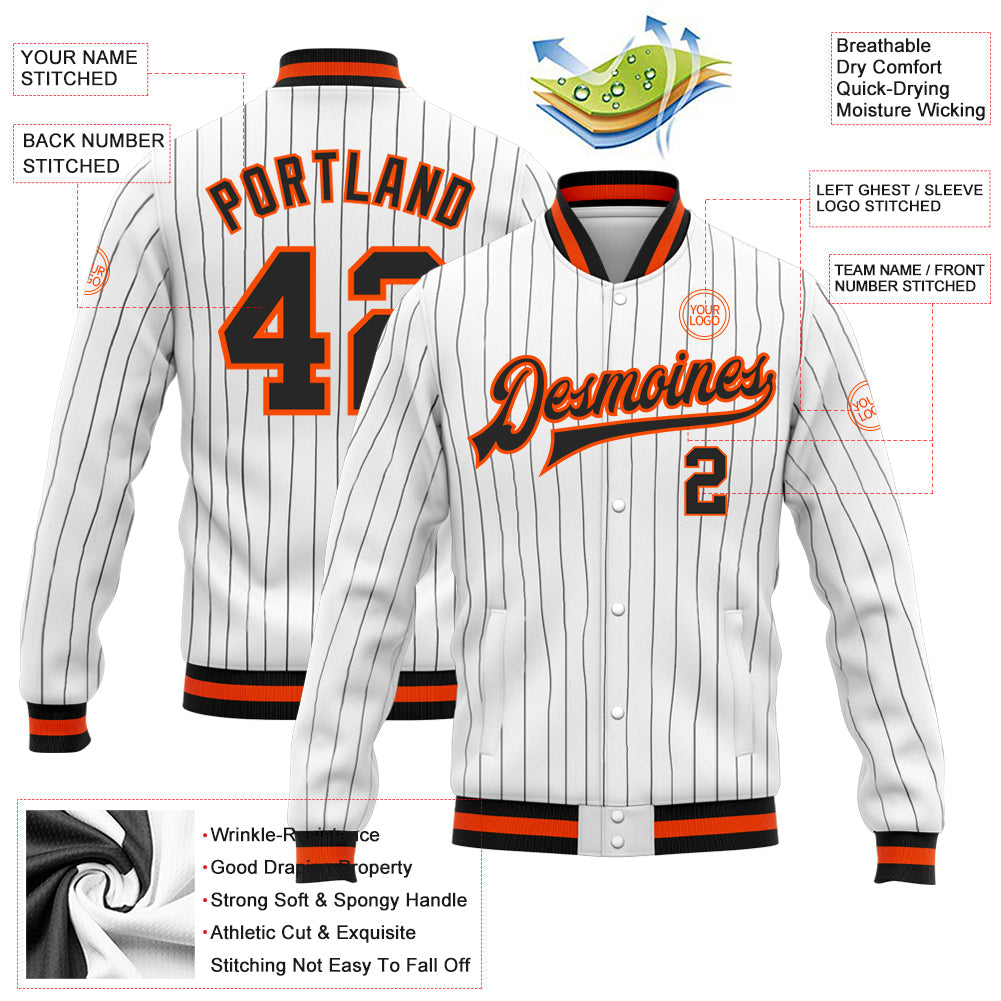 Custom White Black Pinstripe Black-Orange Bomber Full-Snap Varsity Letterman Jacket view 5