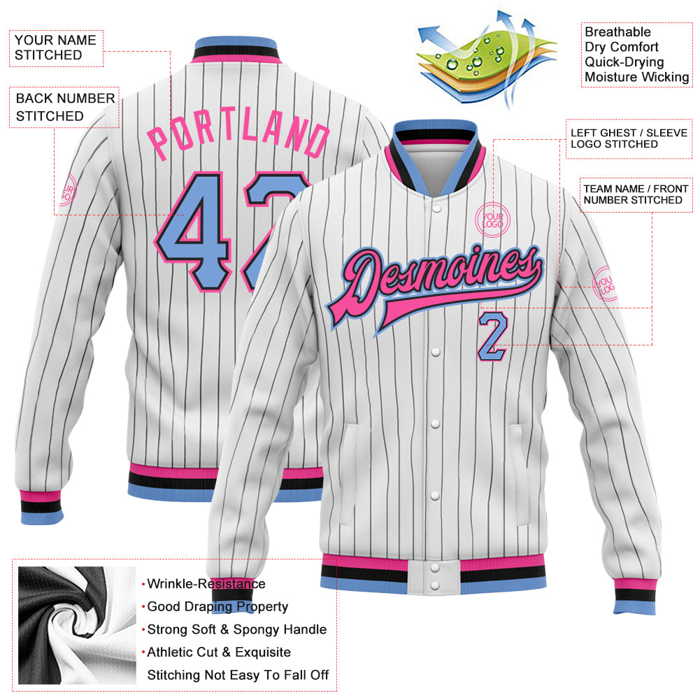 Custom White Black Pinstripe Light Blue Black-Pink Bomber Full-Snap Varsity Letterman Jacket view 5