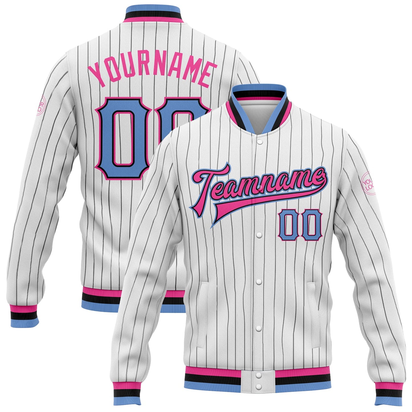 Custom White Black Pinstripe Light Blue Black-Pink Bomber Full-Snap Varsity Letterman Jacket - Main View