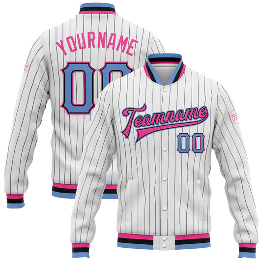 Custom White Black Pinstripe Light Blue Black-Pink Bomber Full-Snap Varsity Letterman Jacket - Main View
