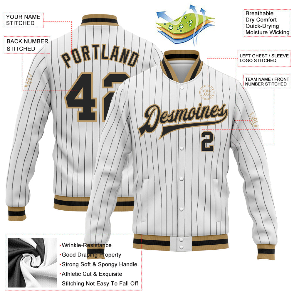 Custom White Black Pinstripe Black-Old Gold Bomber Full-Snap Varsity Letterman Jacket view 5