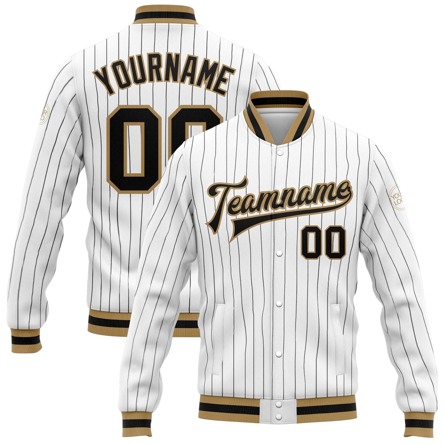 Custom White Black Pinstripe Black-Old Gold Bomber Full-Snap Varsity Letterman Jacket - Main View