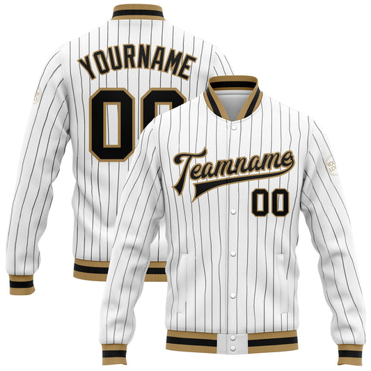 Custom White Black Pinstripe Black-Old Gold Bomber Full-Snap Varsity Letterman Jacket - Main View