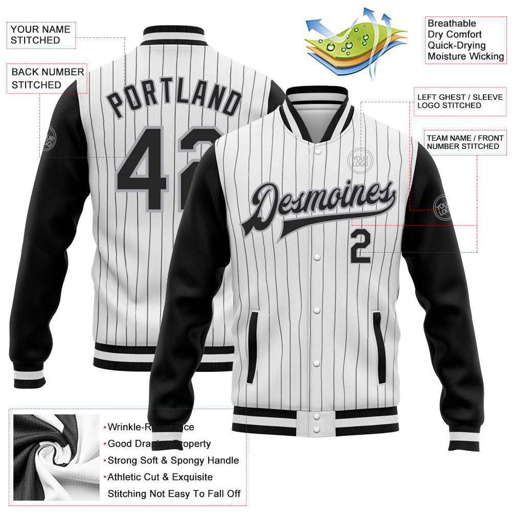 Custom White Black Pinstripe Black-Gray Bomber Full-Snap Varsity Letterman Two Tone Jacket view 5