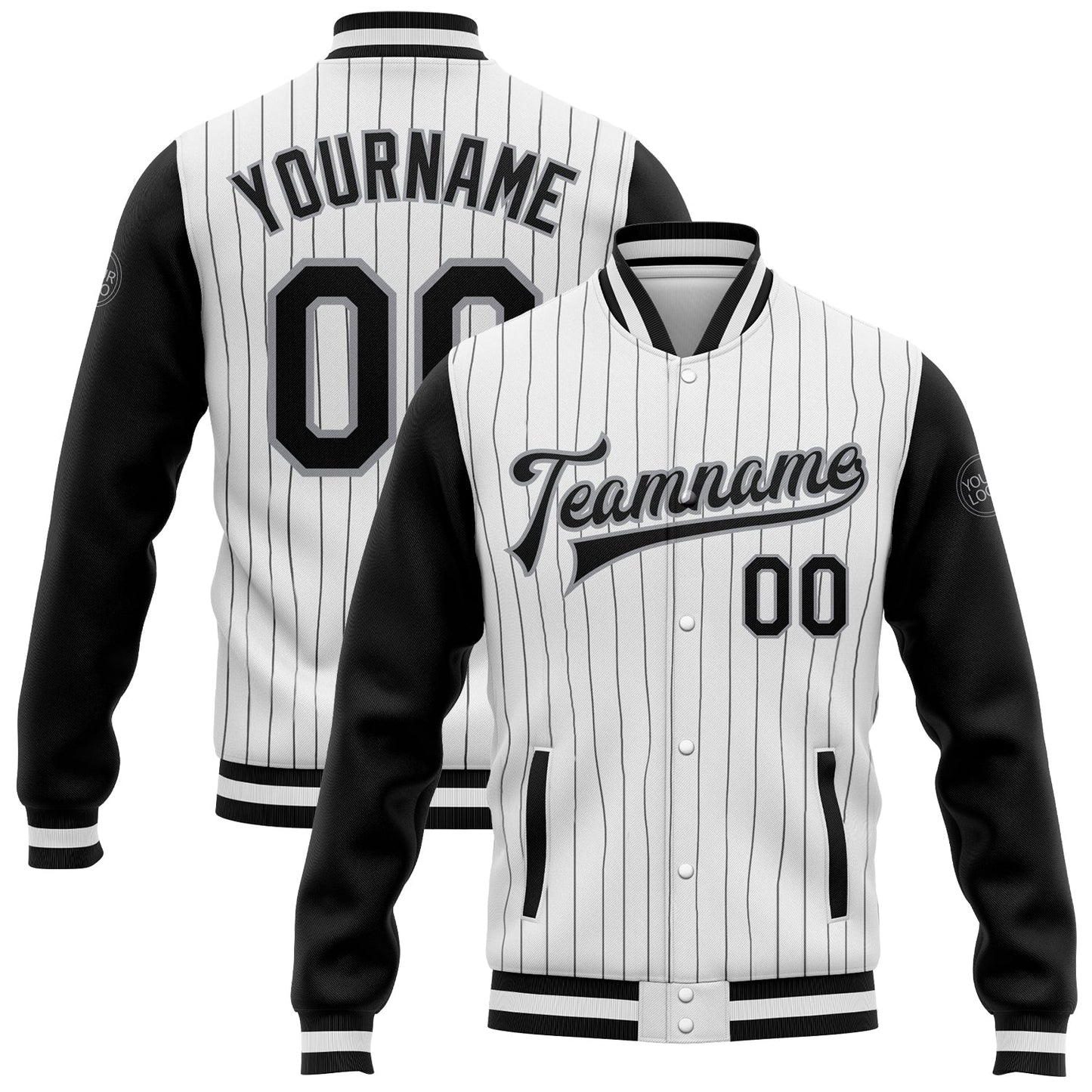 Custom White Black Pinstripe Black-Gray Bomber Full-Snap Varsity Letterman Two Tone Jacket - Main View