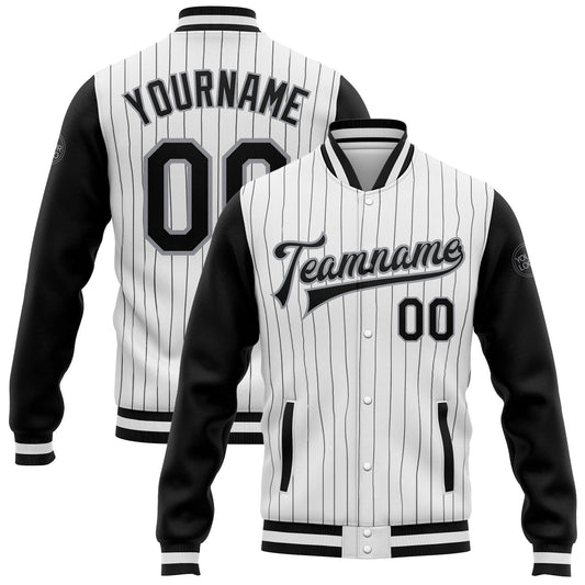 Custom White Black Pinstripe Black-Gray Bomber Full-Snap Varsity Letterman Two Tone Jacket - Main View