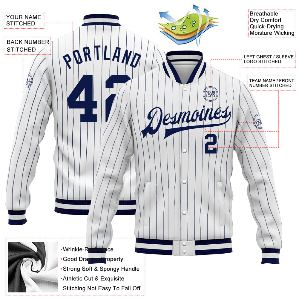 Custom White Navy Pinstripe Navy-White Bomber Full-Snap Varsity Letterman Jacket view 5
