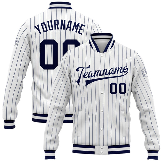 Custom White Navy Pinstripe Navy-White Bomber Full-Snap Varsity Letterman Jacket - Main View