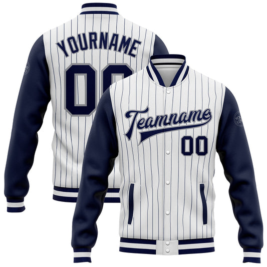 Custom White Navy Pinstripe Navy-Gray Bomber Full-Snap Varsity Letterman Two Tone Jacket - Main View