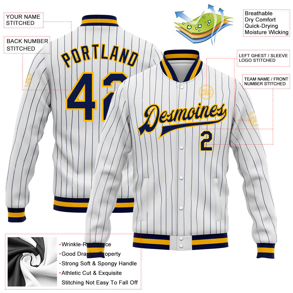 Custom White Navy Pinstripe Navy-Gold Bomber Full-Snap Varsity Letterman Jacket view 5
