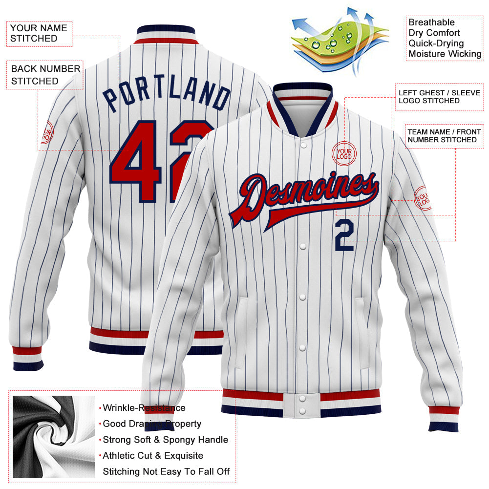 Custom White Navy Pinstripe Red-Navy Bomber Full-Snap Varsity Letterman Jacket view 5