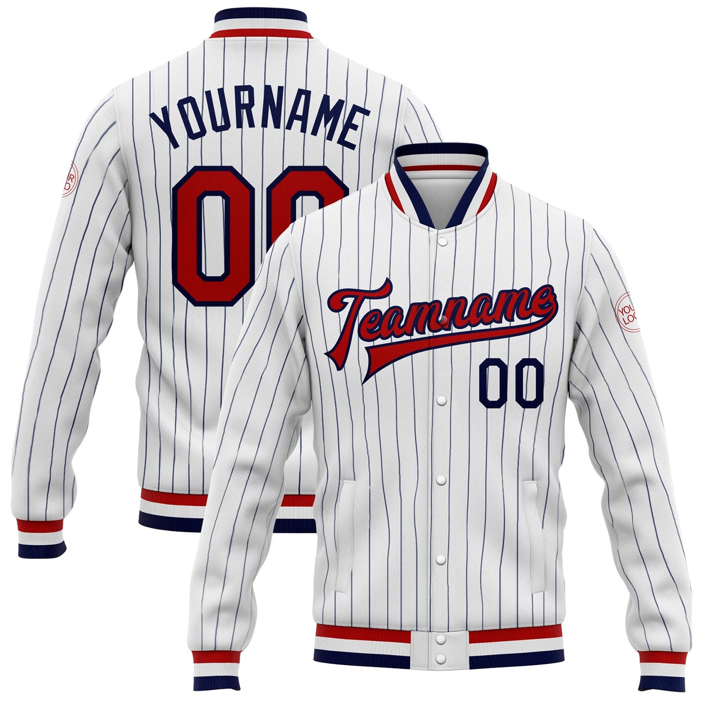 Custom White Navy Pinstripe Red-Navy Bomber Full-Snap Varsity Letterman Jacket - Main View