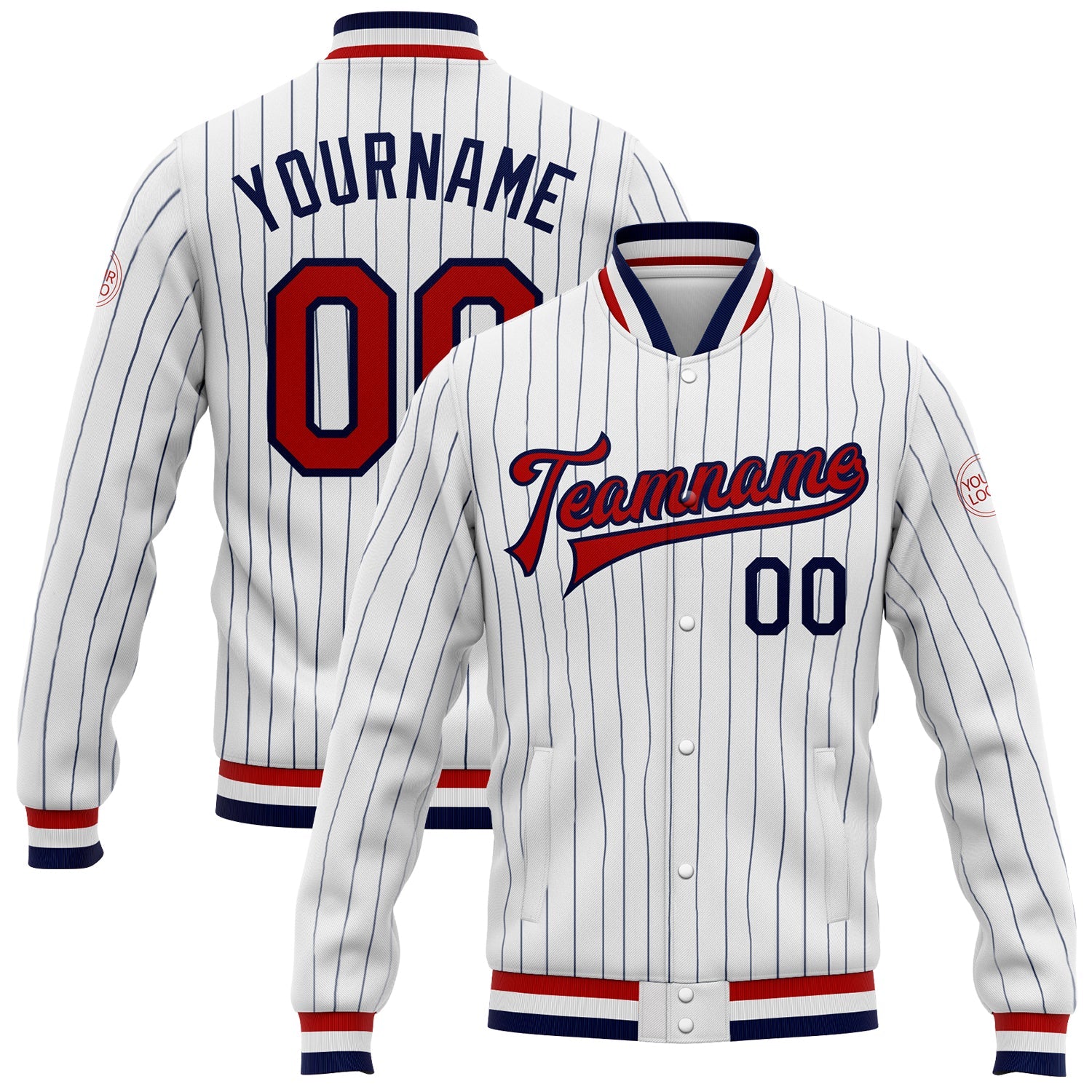 Custom White Navy Pinstripe Red-Navy Bomber Full-Snap Varsity Letterman Jacket - Main View