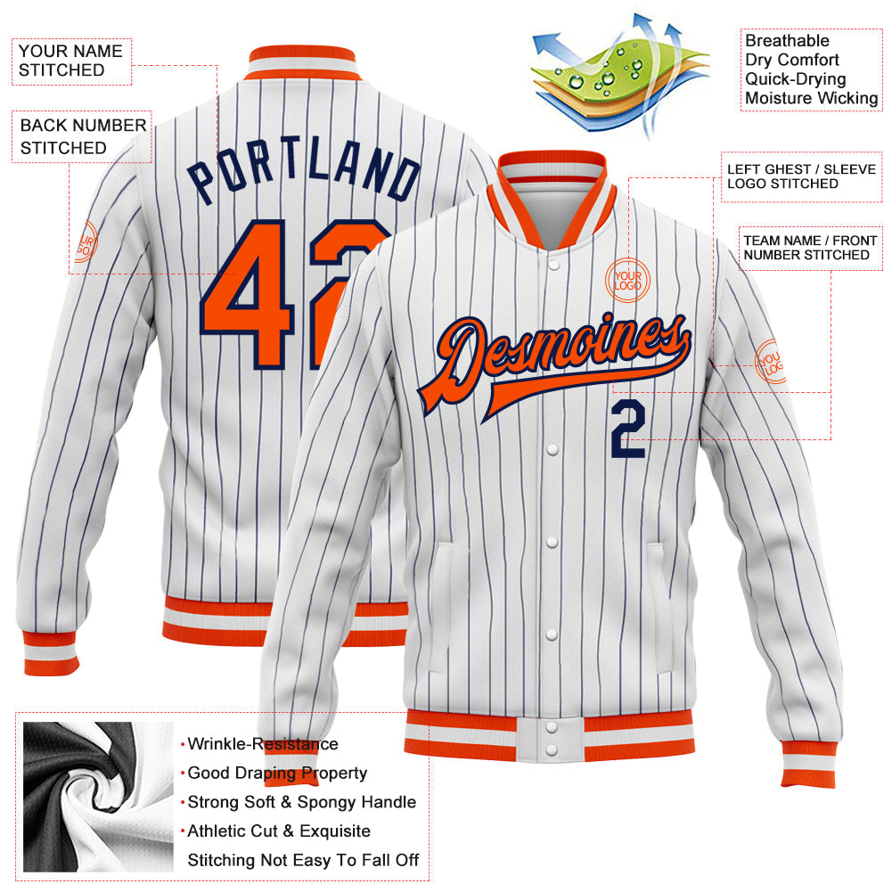 Custom White Navy Pinstripe Orange-Navy Bomber Full-Snap Varsity Letterman Jacket view 5