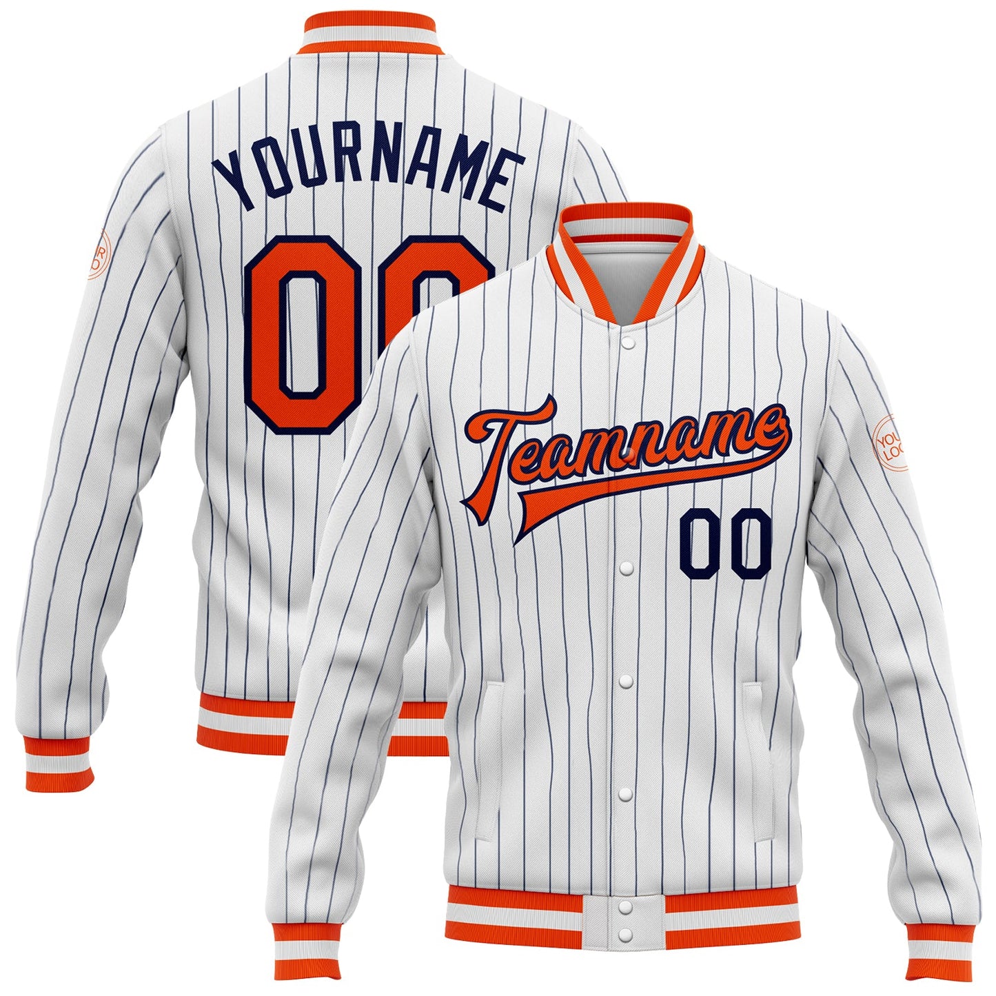 Custom White Navy Pinstripe Orange-Navy Bomber Full-Snap Varsity Letterman Jacket - Main View