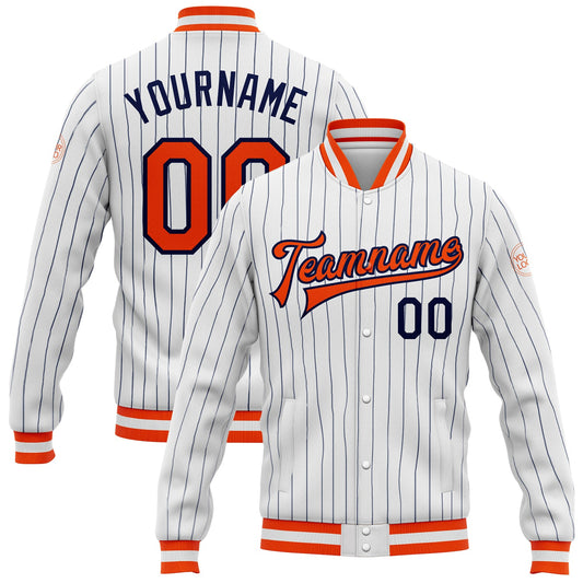Custom White Navy Pinstripe Orange-Navy Bomber Full-Snap Varsity Letterman Jacket - Main View