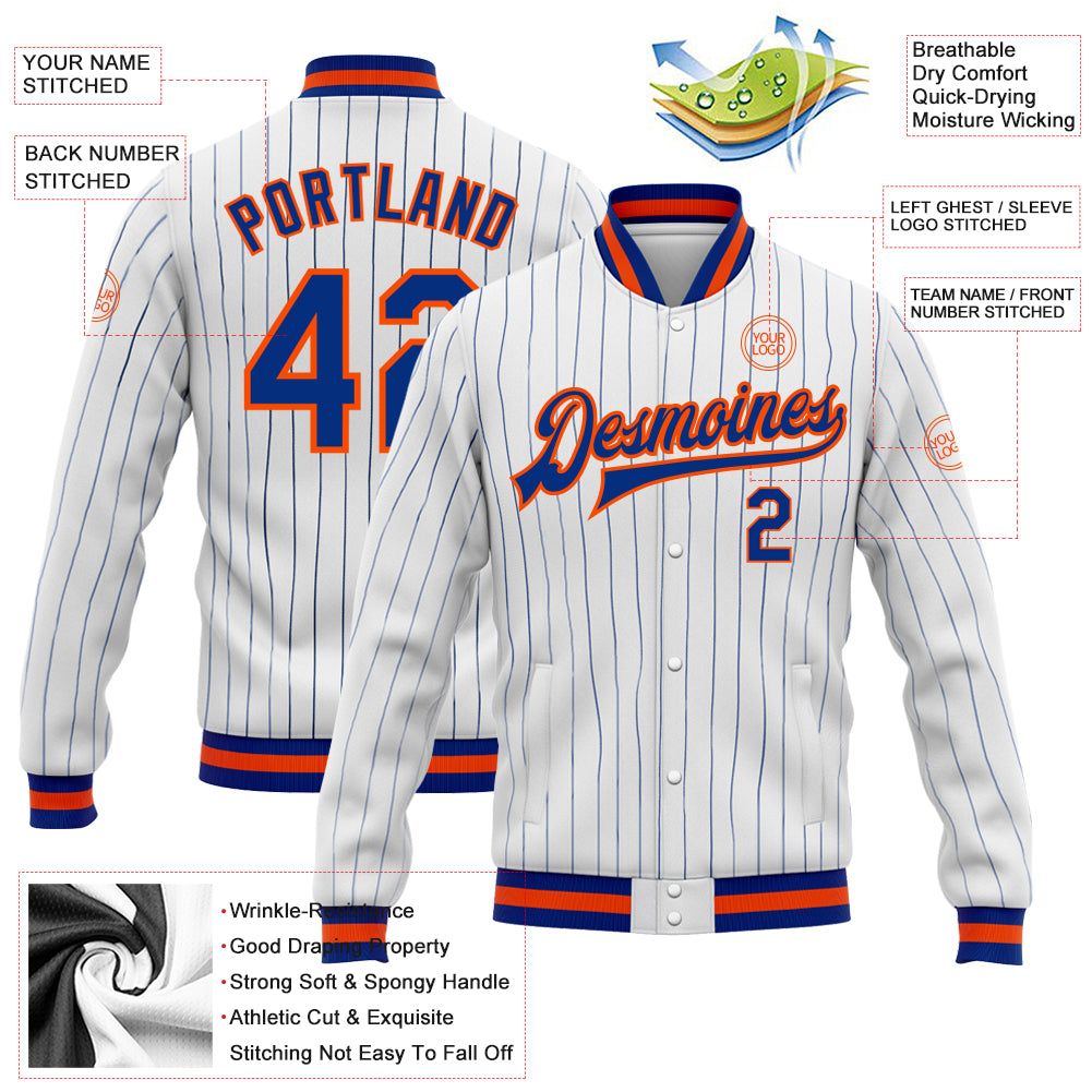 Custom White Royal Pinstripe Royal-Orange Bomber Full-Snap Varsity Letterman Jacket view 5