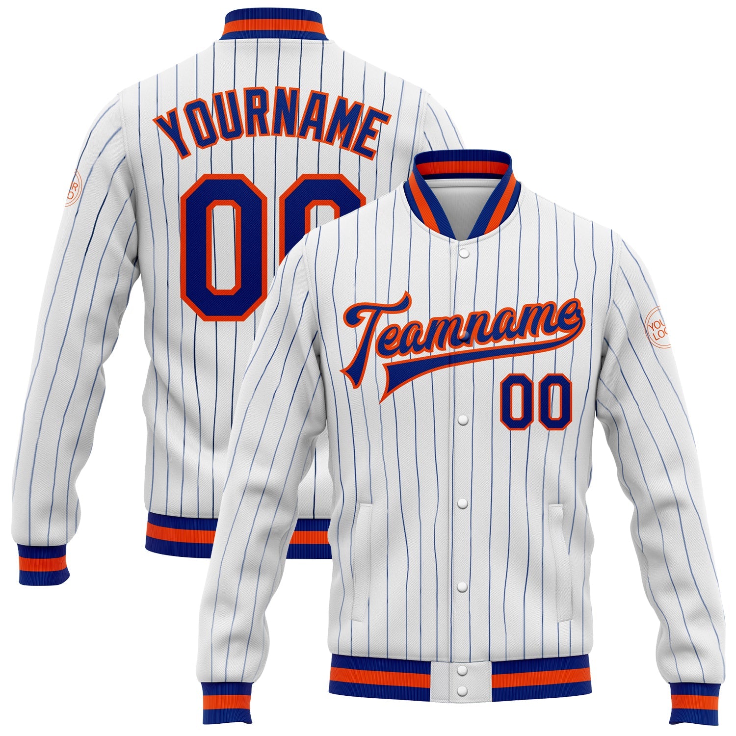 Custom White Royal Pinstripe Royal-Orange Bomber Full-Snap Varsity Letterman Jacket - Main View