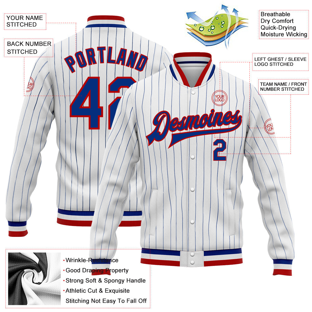 Custom White Royal Pinstripe Royal-Red Bomber Full-Snap Varsity Letterman Jacket view 5