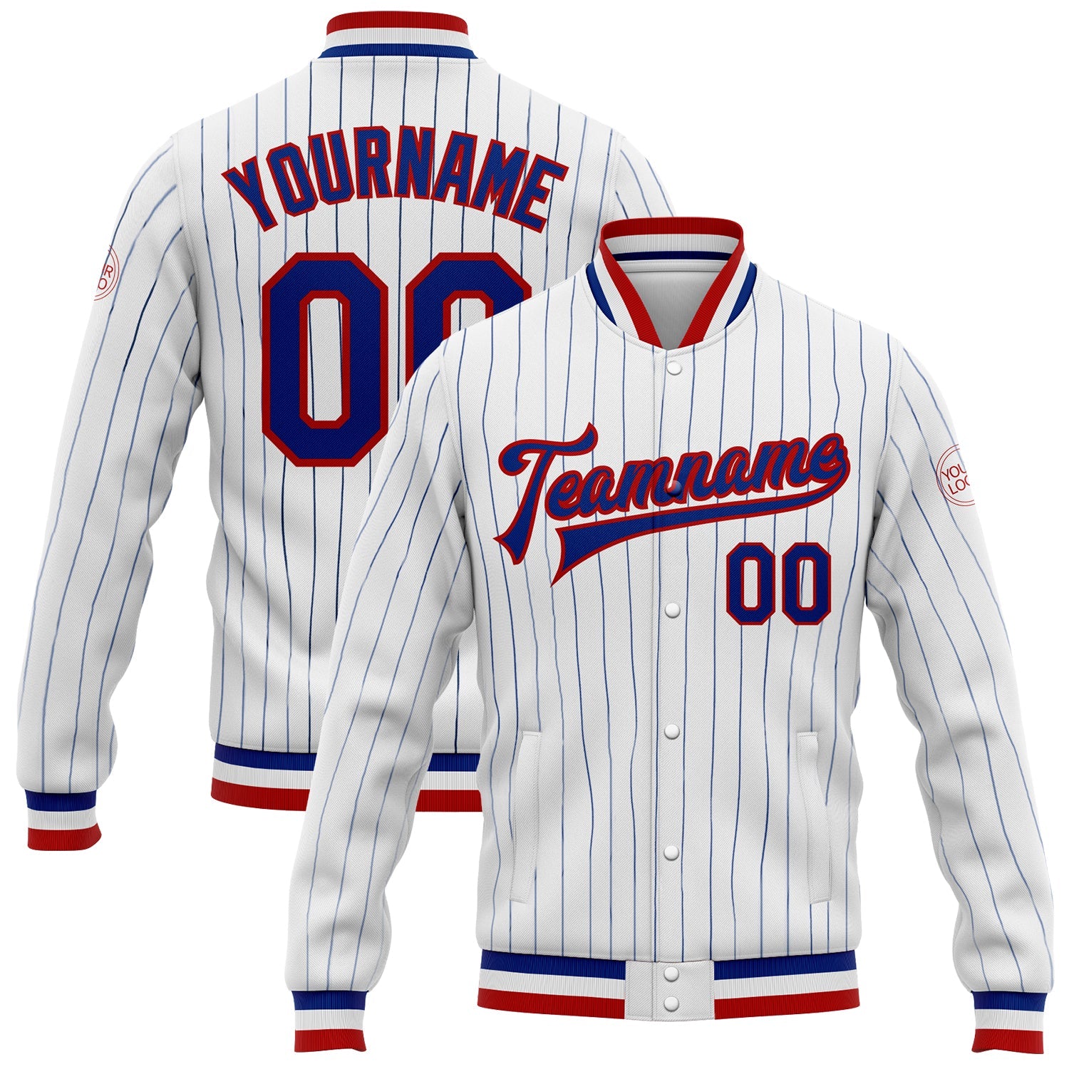 Custom White Royal Pinstripe Royal-Red Bomber Full-Snap Varsity Letterman Jacket - Main View