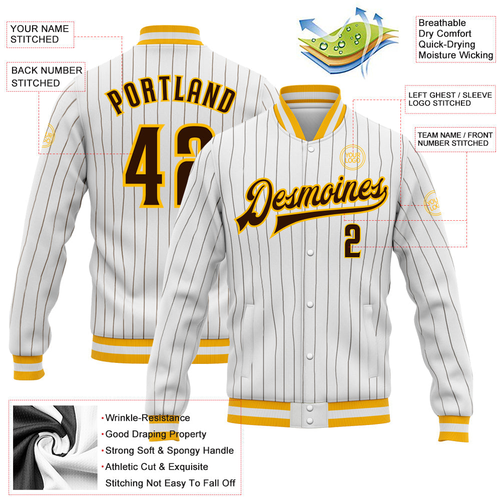 Custom White Brown Pinstripe Brown-Gold Bomber Full-Snap Varsity Letterman Jacket view 5