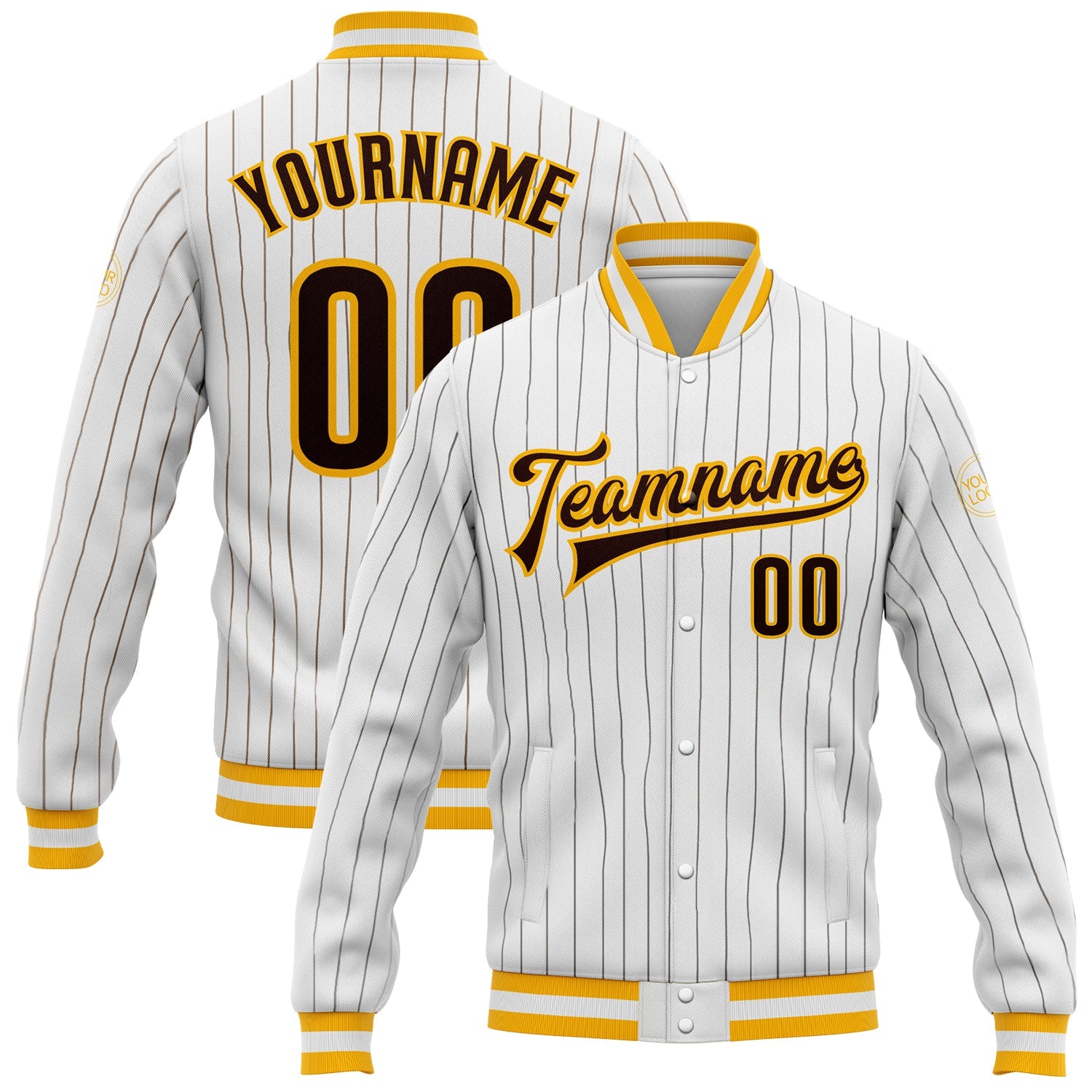 Custom White Brown Pinstripe Brown-Gold Bomber Full-Snap Varsity Letterman Jacket - Main View