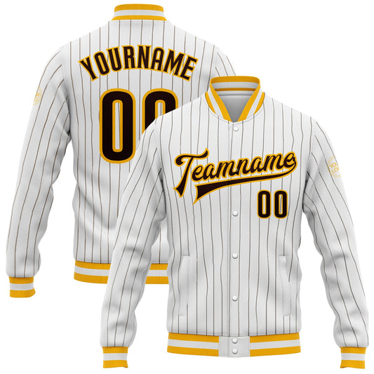 Custom White Brown Pinstripe Brown-Gold Bomber Full-Snap Varsity Letterman Jacket - Main View