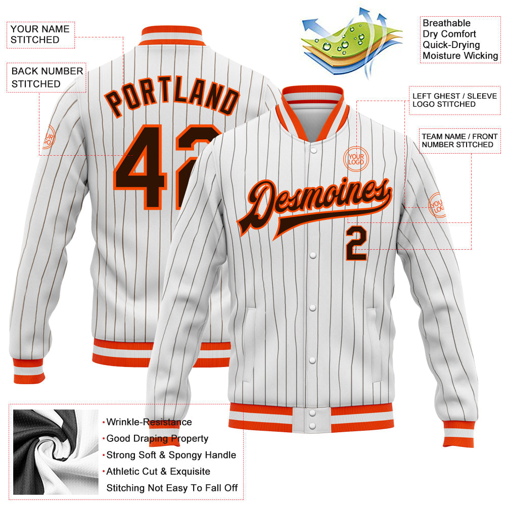Custom White Brown Pinstripe Brown-Orange Bomber Full-Snap Varsity Letterman Jacket view 5