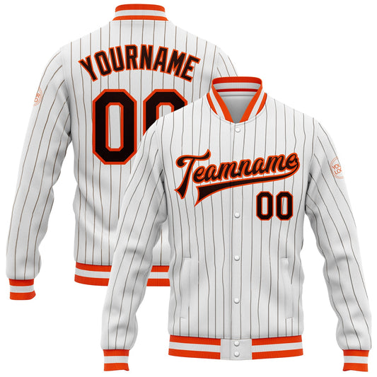 Custom White Brown Pinstripe Brown-Orange Bomber Full-Snap Varsity Letterman Jacket - Main View
